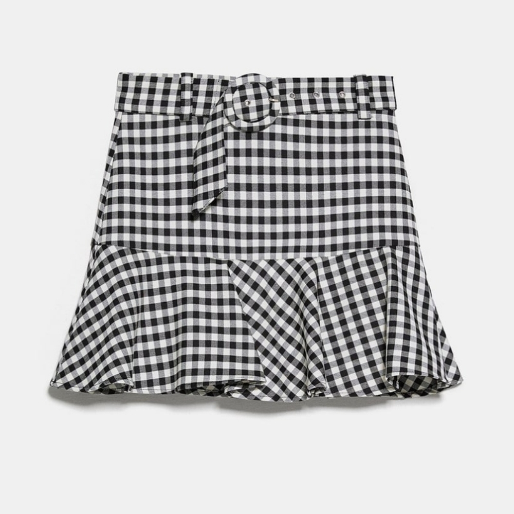 Zara Gingham Belted Flounce Mini Skirt Skort